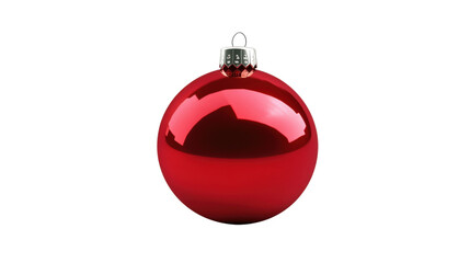 A red ornament with a silver chain hanging from it
