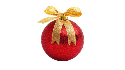 A red ornament with gold ribbon is sitting on a white background