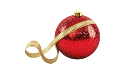 A red ornament with gold trim is sitting on a white background
