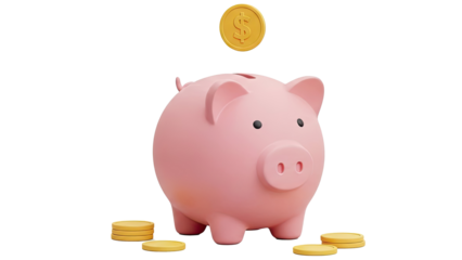 Pink Piggy Bank with Falling Gold Coin on White Background.