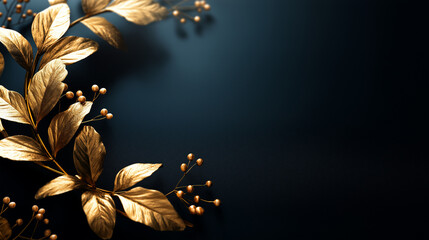 Dark moody background with gold botanical wreath detail minimalist anniversary styling clean elegant design simple sophisticated aesthetic modern luxurious composition