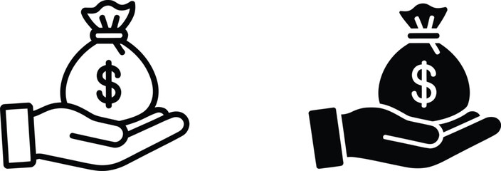 Hand Holding Money Bag Icon Set &ndash; Financial Support, Payment and Wealth Symbols in Outline and Solid Black Design