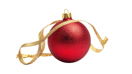 A red ornament with gold trim sits on a white background