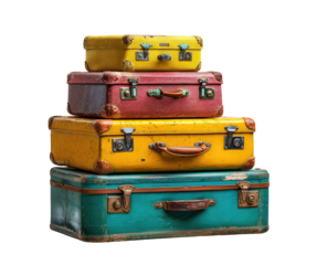 Stacked vintage suitcases in vibrant colors