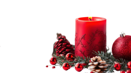 A red candle sits on a table with pine cones and red ornaments