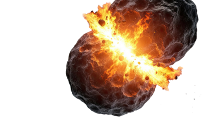 Two colliding celestial bodies creating a fiery explosion in space.
