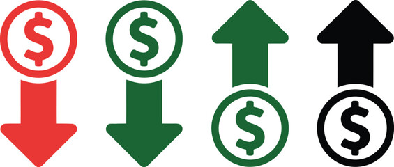 Obraz premium Money Up and Down Arrow Icon Set – Profit and Loss, Financial Growth and Decline Symbols with Dollar Sign in Red, Green and Black