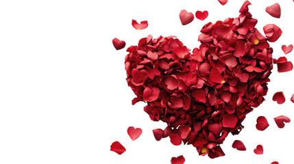 A heart made of red petals is scattered across a white background