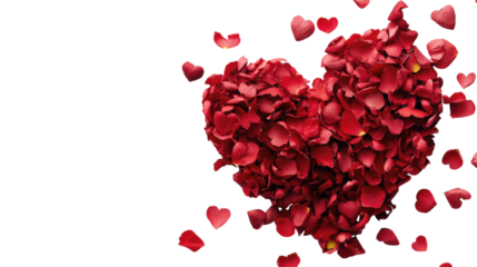 A heart made of red petals is scattered across a white background