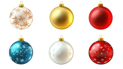 A set of six Christmas ornaments, including a blue, white, and red ball