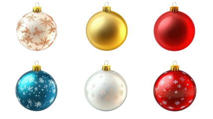 A set of six Christmas ornaments, including a blue, white, and red ball