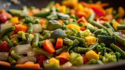 A vibrant assortment of fresh vegetables, including carrots, peppers, peas, and broccoli, fills the pan. Captured in a close-up view, showcasing their bright colors and textures, ideal for healthy coo