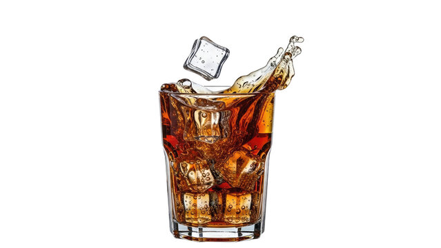Refreshing cola drink with ice cubes splashing in a glass.
