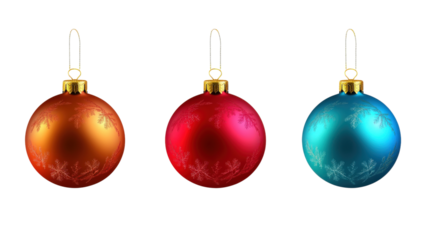 Three Christmas ornaments hanging from a string