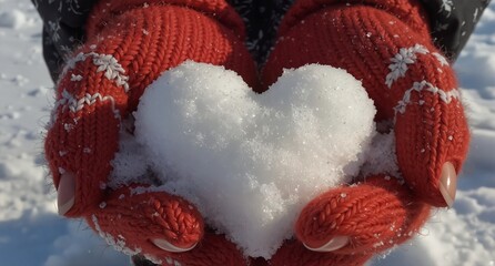 hands holding a snow heart in red knit mittens on a winter day