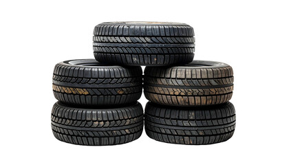 A stack of five worn, black rubber tires against a stark, black background