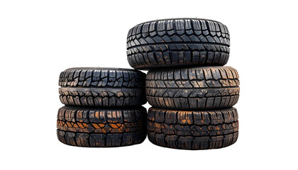 Obraz premium Stacked used tires, some with mud, isolated against a solid black background