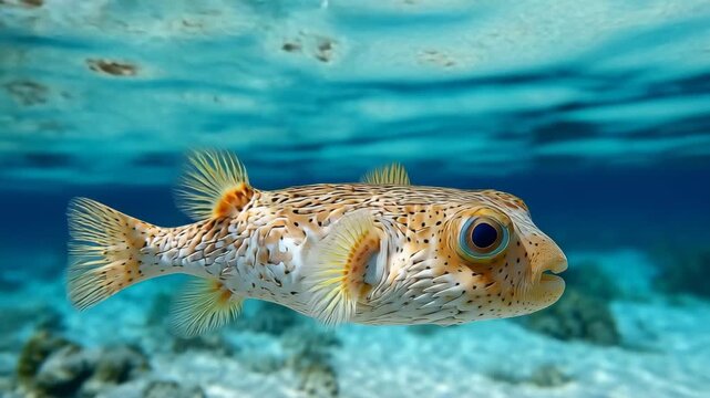 Realistic pufferfish swimming underwater. Round spiky fish in natural ocean environment with soft light and calm motion.