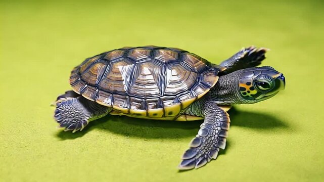Small turtle on green surface, close-up view, wildlife photography