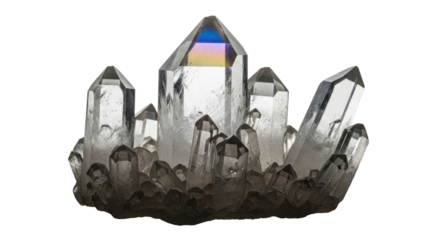 Clear Quartz Crystal Cluster with Smoky Base and Rainbow Inclusions.