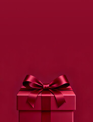 Obraz premium Elegant deep red gift box with satin ribbon and bow against a matching solid background