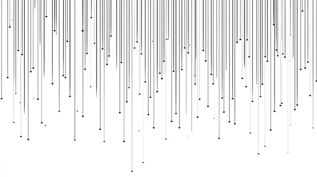 Many thin lines and dots fall downwards on a white background.