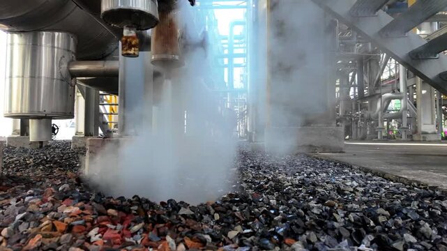 Steam spreads between pipes and equipment inside an industrial plant, illustrating an active process environment.