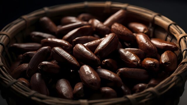 Close-up of brown brachychiton seeds in a woven basket creating an organic