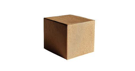 A perfect light beige cardboard cube, sharply focused against a black background.  The box's edges are slightly highlighted
