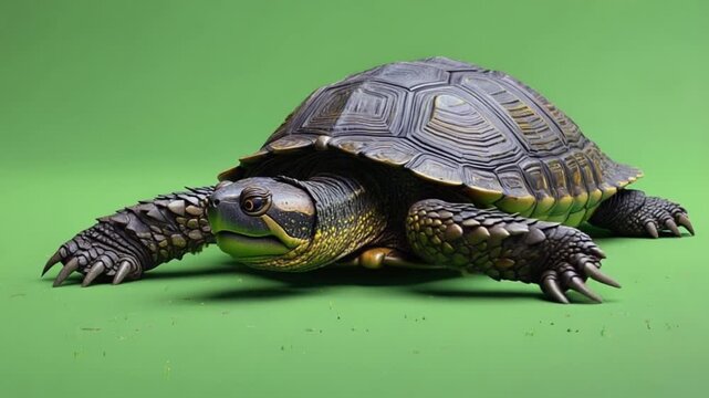 Detailed turtle with unique shell pattern on green background