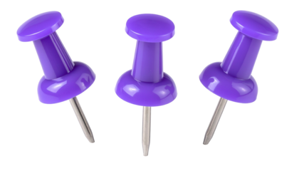 Three purple push pins, slightly angled, on a stark black background