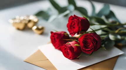 Greeting card with red roses and gold metallic accents minimalist Valentine styling clean elegant design simple luxurious aesthetic composition modern romantic look rich