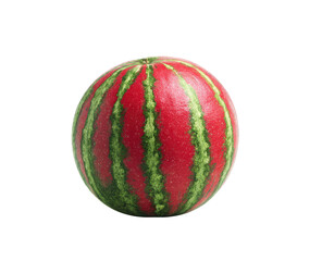 Close-up of a round watermelon, vibrant red with green stripes