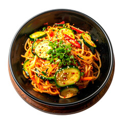 Close-up of a bowl filled with noodles, vegetables, and sesame seeds; dark background