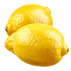 Two bright yellow citrus fruits, textured skin, overlapping, isolated on black