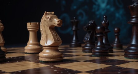 close-up of a wooden chess knight facing dark chess pieces on a checkered board with shallow depth of field.
