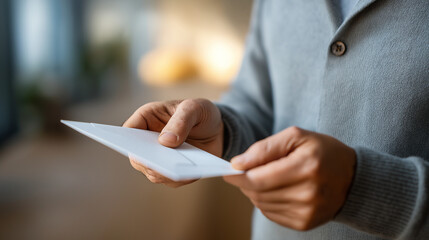 Faceless man's hands holding envelope with card visible closeup minimalist correspondence moment clean simple aesthetic composition soft natural lighting modern photography sty