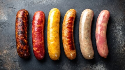 Six types of sausages sit in a row on a dark surface. Each sausage has a distinct color and shape showcasing the diversity in flavors and styles. Food lovers can appreciate the variety.