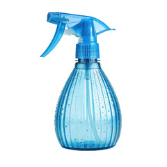 3d blue trigger spray bottle with water droplets isolated on transparent background