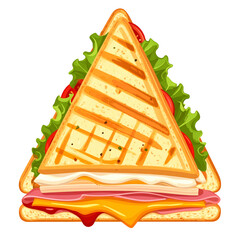 Cartoonish triangular sandwich with melted cheese, ham, tomato, and lettuce