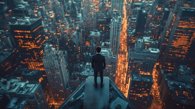 Growth and Prosperity. Businessperson Overlooking a Thriving Cityscape, businessperson standing on a high vantage point