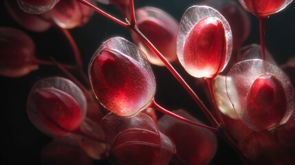 Close view shows clusters of red seed pods on thin branches. Light shines through the translucent outer layer. The background is dark highlighting the colors and shapes of the pods.
