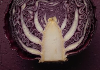 close-up of a halved red cabbage revealing intricate purple and white layers, fresh produce, healthy eating concept.