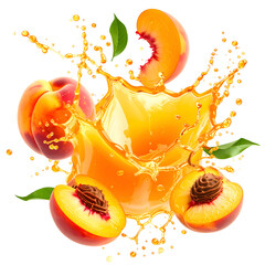 A peach explosion juice splashes around halved & whole fruit with green leaves