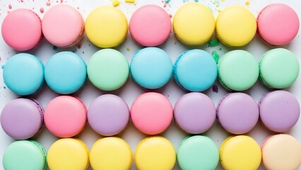 Delicate Pastel Macarons Arranged in Neat Rows on Clean White Surface