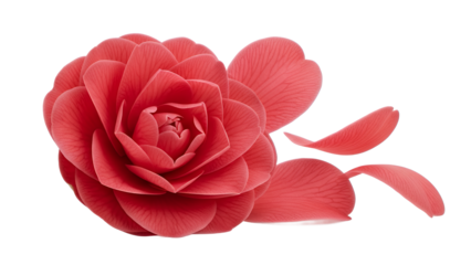 A beautiful red camellia flower with delicate petals on a white background