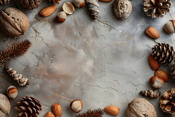 Minimal autumn background with dried pinecones and warm stone texture