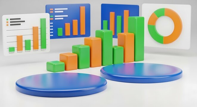 3d rendering of financial charts and graphs with podiums, representing business growth and data analysis, isolated on white background - Powered by Adobe