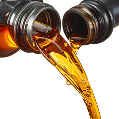 Two bottles pouring amber liquid against black. Streams merge and cascade