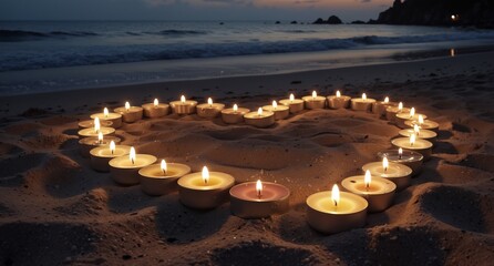 romantic heart shape made of lit tea lights on a sandy beach at dusk with ocean waves.